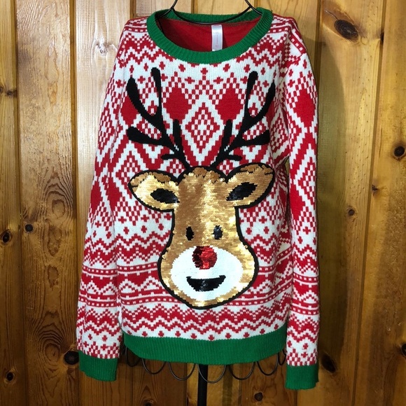 No Boundaries Tops - No boundaries reindeer ugly sweater Ladies Christmas Sweater Sequin Reindeer XL‌
